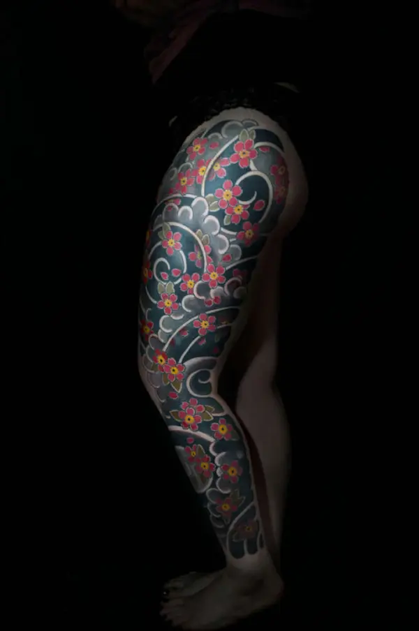 Irezumi Bein-Tattoo mit Kirschblüten und Wind