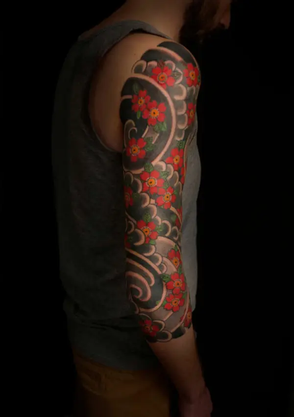 Wabori Tattoo mit Kirschblüten und Wind am Arm